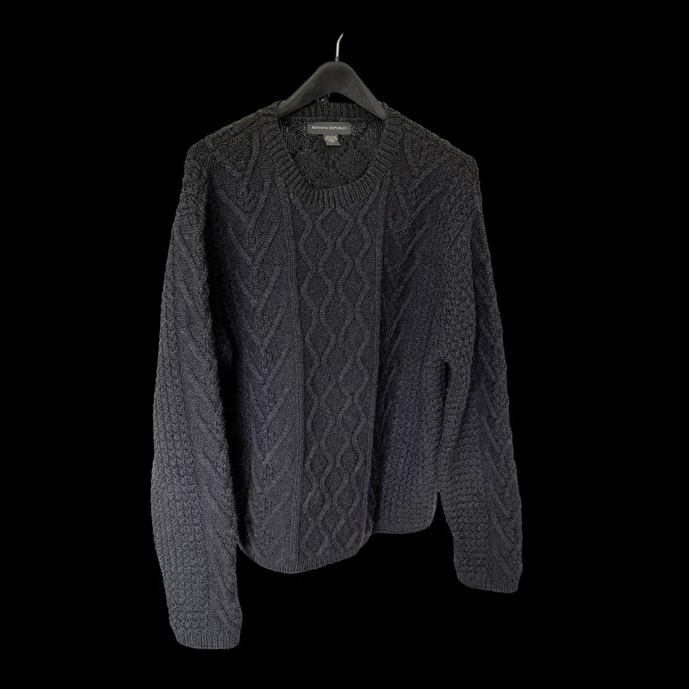 90's Banana Republic Mens XL Black 100% Wool Cable Knit Crewneck‎ Sweater